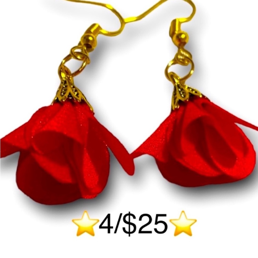 Handmade Red Flower Earrings w/Gold Plated S925 Sterling Silver Fishhook Backs